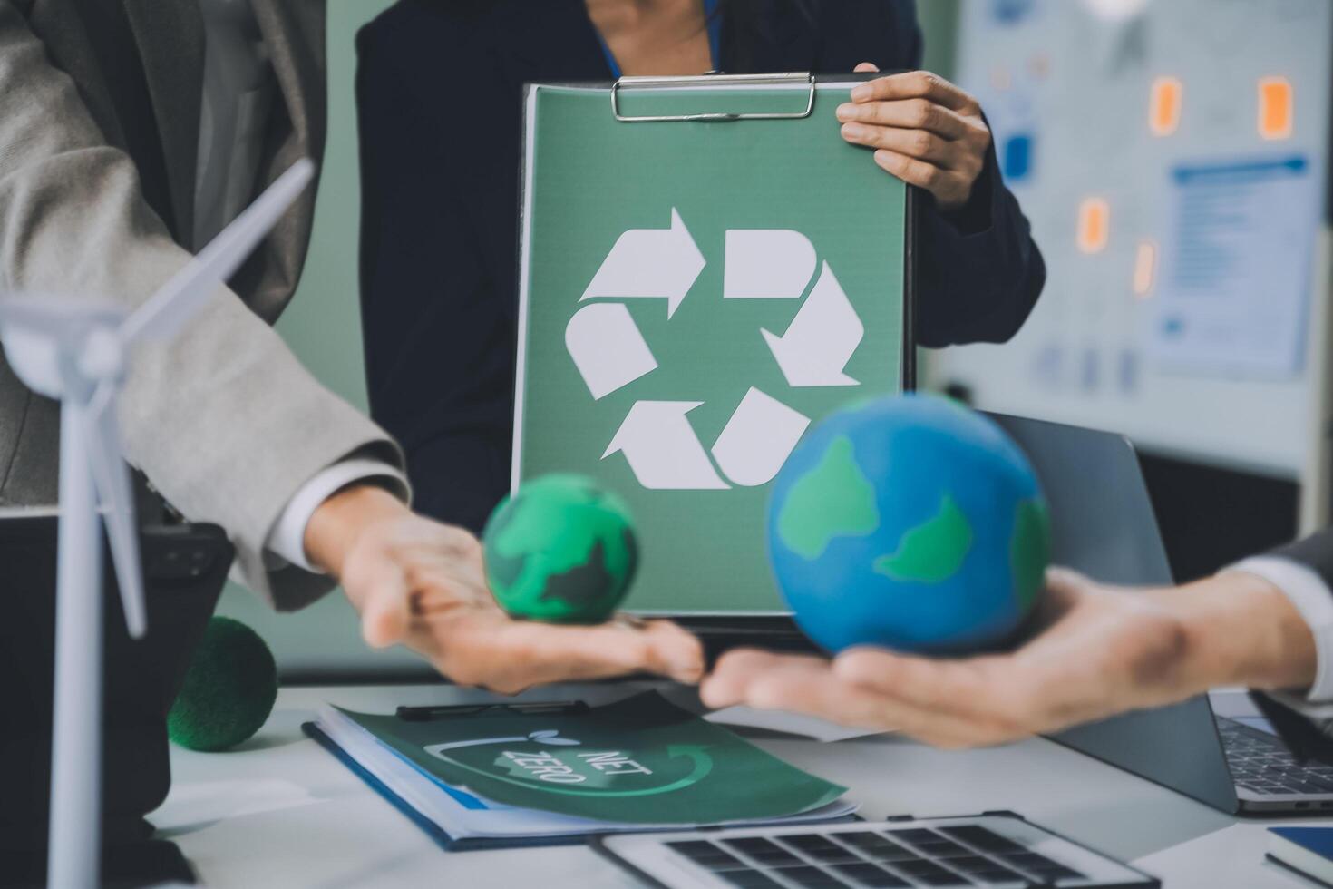 Carbon offset price report CO2 emission. Future growth Net zero waste in ESG ethical SME office protect climate change global warming social issues project. Group of asia people Eco friendly SDGs plan photo