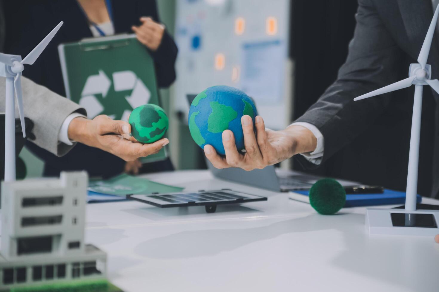 Carbon offset price report CO2 emission. Future growth Net zero waste in ESG ethical SME office protect climate change global warming social issues project. Group of asia people Eco friendly SDGs plan photo