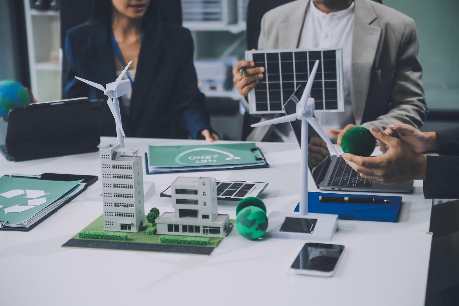 Carbon offset price report CO2 emission. Future growth Net zero waste in ESG ethical SME office protect climate change global warming social issues project. Group of asia people Eco friendly SDGs plan photo