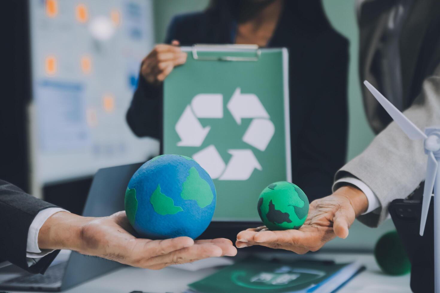 Carbon offset price report CO2 emission. Future growth Net zero waste in ESG ethical SME office protect climate change global warming social issues project. Group of asia people Eco friendly SDGs plan photo