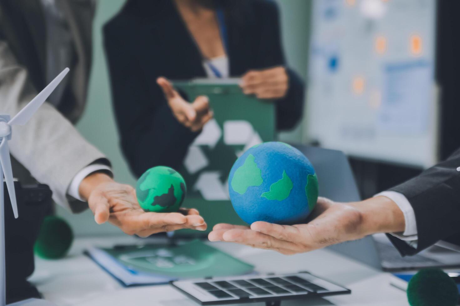 Carbon offset price report CO2 emission. Future growth Net zero waste in ESG ethical SME office protect climate change global warming social issues project. Group of asia people Eco friendly SDGs plan photo