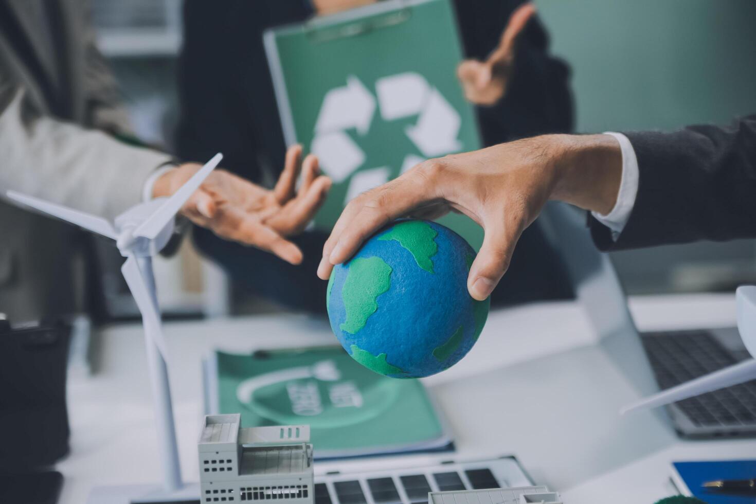 Carbon offset price report CO2 emission. Future growth Net zero waste in ESG ethical SME office protect climate change global warming social issues project. Group of asia people Eco friendly SDGs plan photo