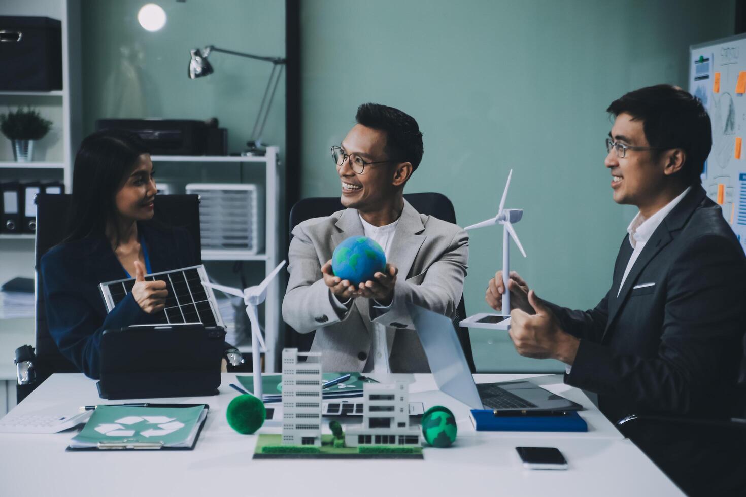 Carbon offset price report CO2 emission. Future growth Net zero waste in ESG ethical SME office protect climate change global warming social issues project. Group of asia people Eco friendly SDGs plan photo