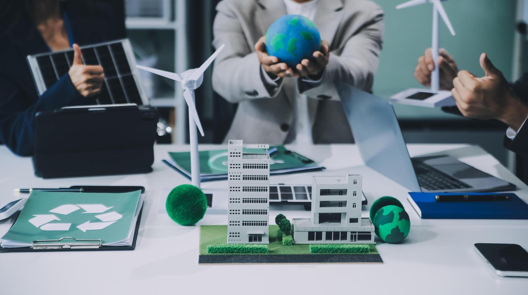 Carbon offset price report CO2 emission. Future growth Net zero waste in ESG ethical SME office protect climate change global warming social issues project. Group of asia people Eco friendly SDGs plan photo