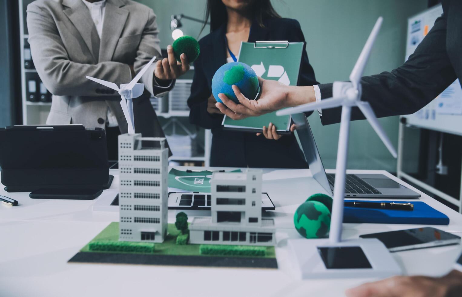 Carbon offset price report CO2 emission. Future growth Net zero waste in ESG ethical SME office protect climate change global warming social issues project. Group of asia people Eco friendly SDGs plan photo