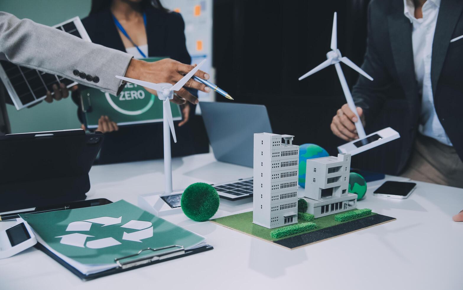 Carbon offset price report CO2 emission. Future growth Net zero waste in ESG ethical SME office protect climate change global warming social issues project. Group of asia people Eco friendly SDGs plan photo