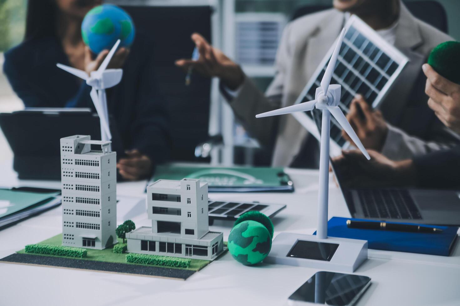 Carbon offset price report CO2 emission. Future growth Net zero waste in ESG ethical SME office protect climate change global warming social issues project. Group of asia people Eco friendly SDGs plan photo