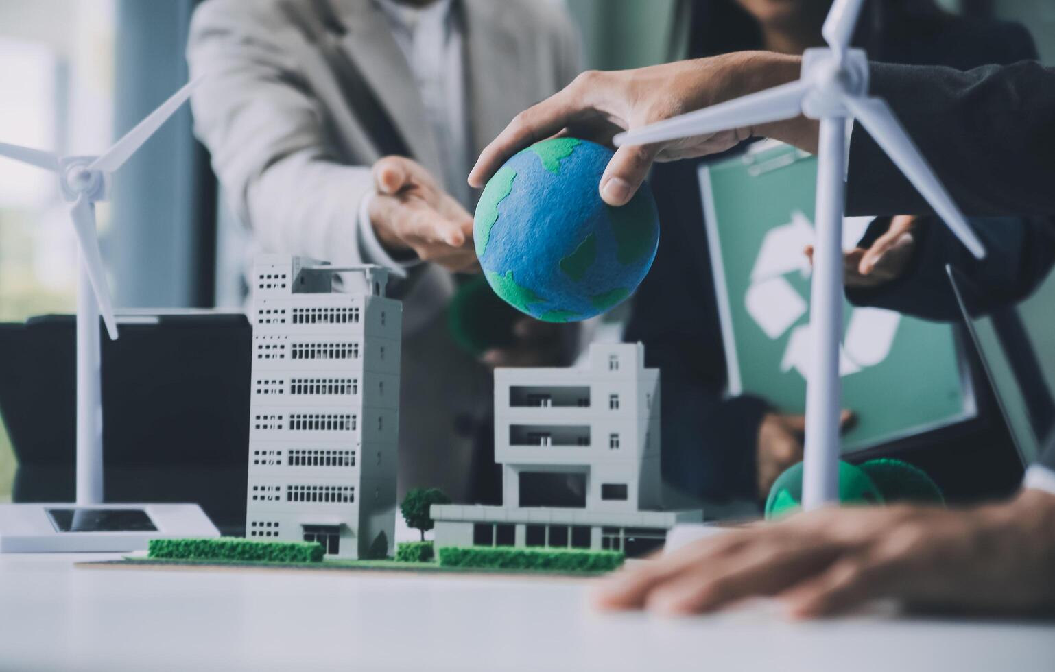 Carbon offset price report CO2 emission. Future growth Net zero waste in ESG ethical SME office protect climate change global warming social issues project. Group of asia people Eco friendly SDGs plan photo