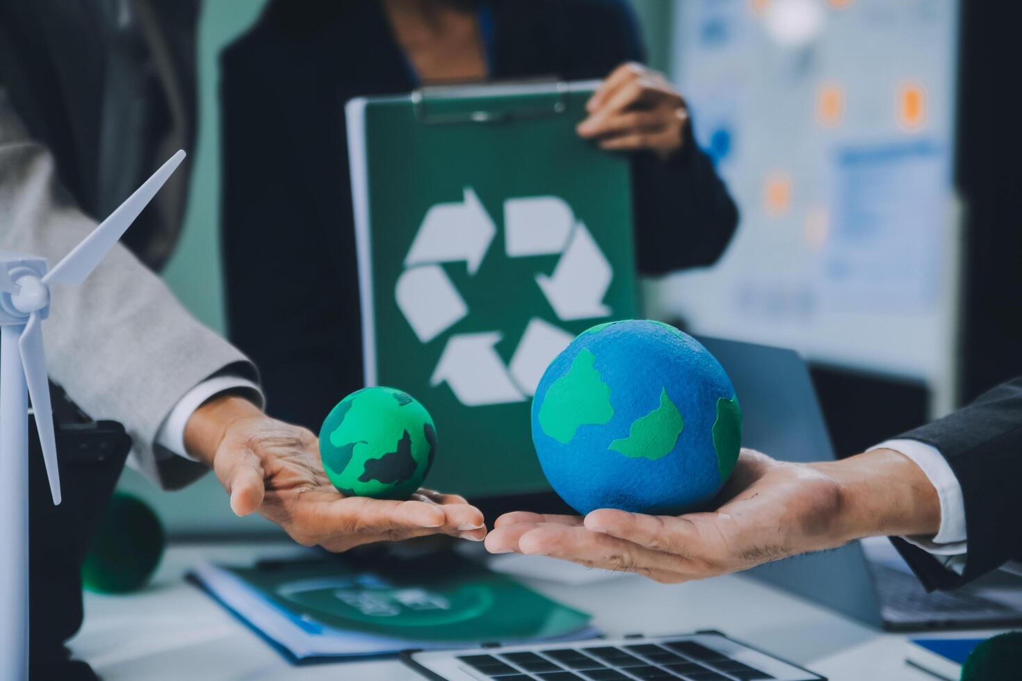 Carbon offset price report CO2 emission. Future growth Net zero waste in ESG ethical SME office protect climate change global warming social issues project. Group of asia people Eco friendly SDGs plan photo