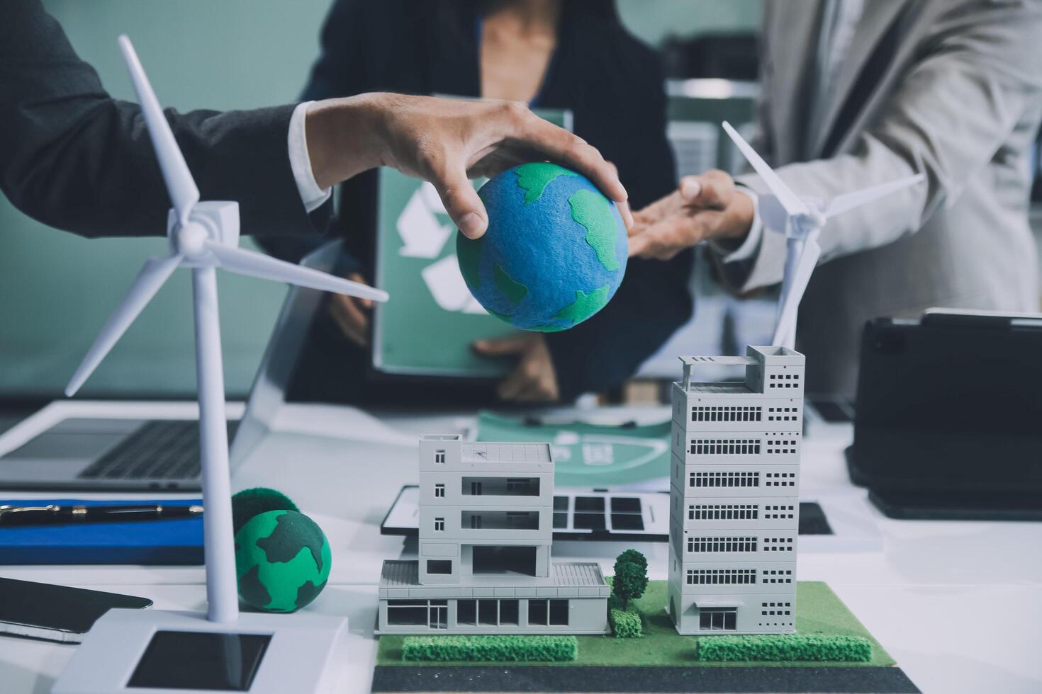 Carbon offset price report CO2 emission. Future growth Net zero waste in ESG ethical SME office protect climate change global warming social issues project. Group of asia people Eco friendly SDGs plan photo