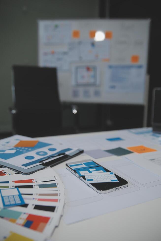 Professional interior designer at workplace in office, closeup photo
