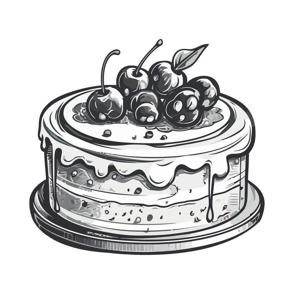 A black and white drawing of a cake with cherries vector