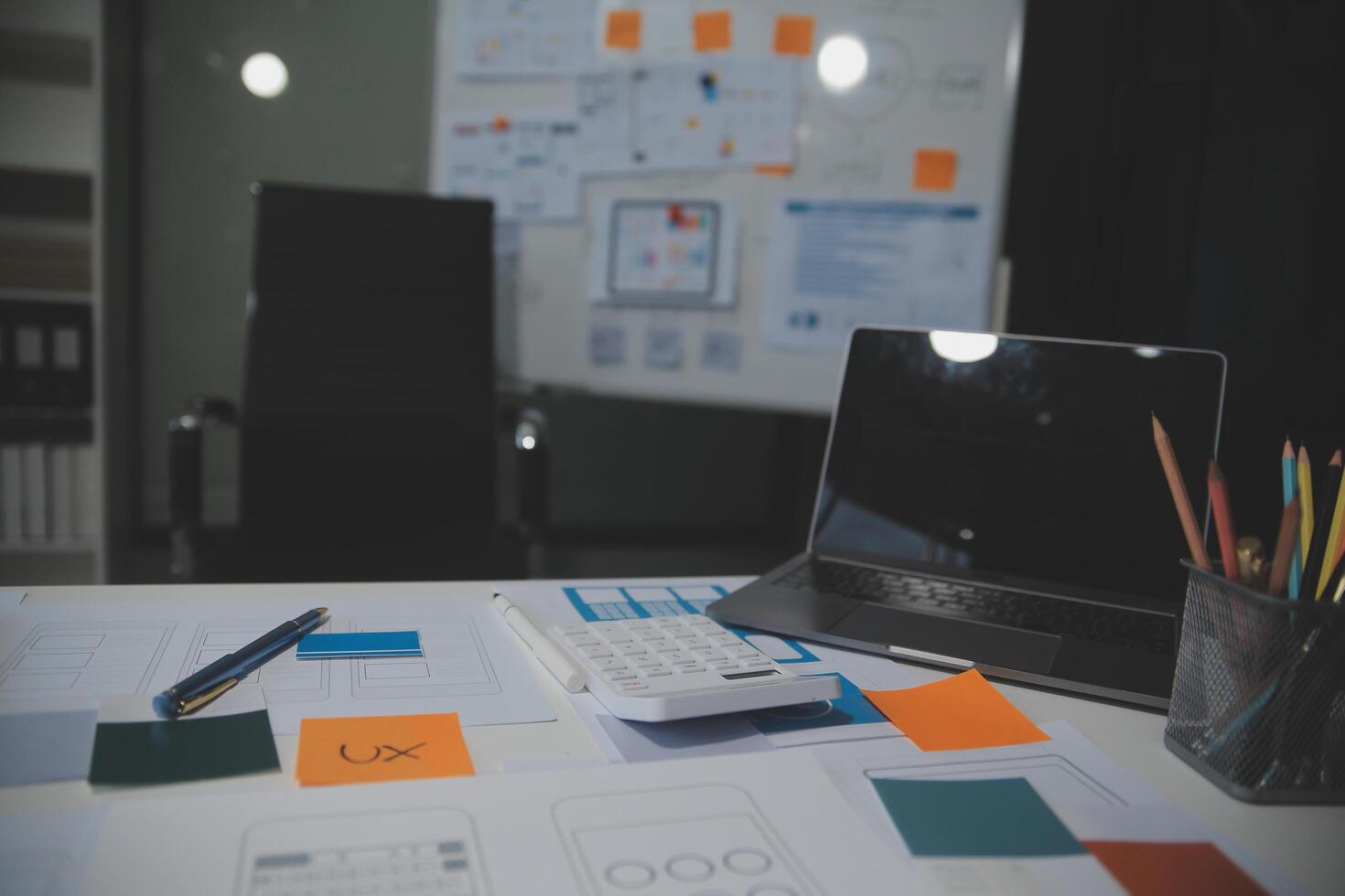 Professional interior designer at workplace in office, closeup photo