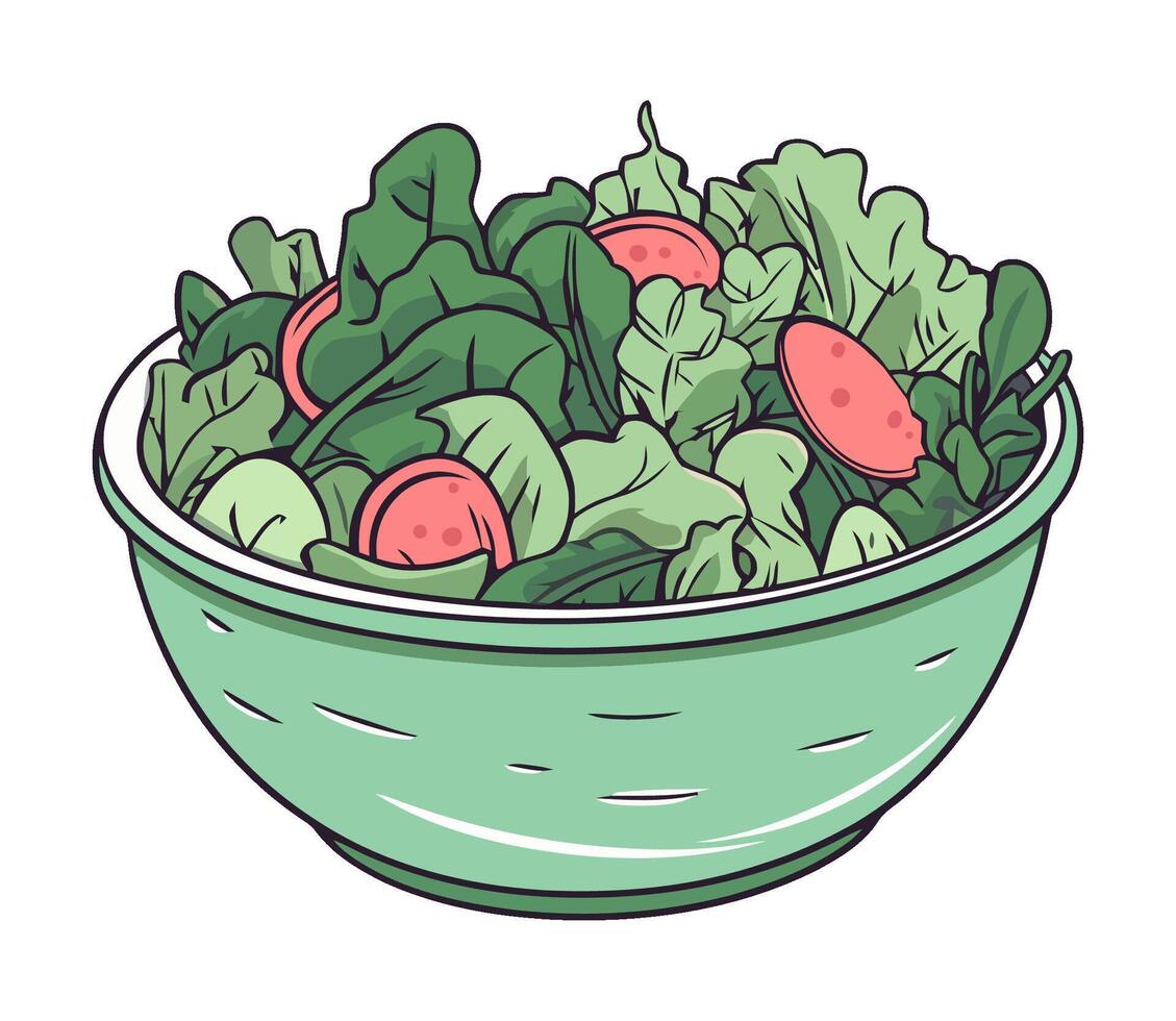 A bowl of green salad with radishes and lettuce vector