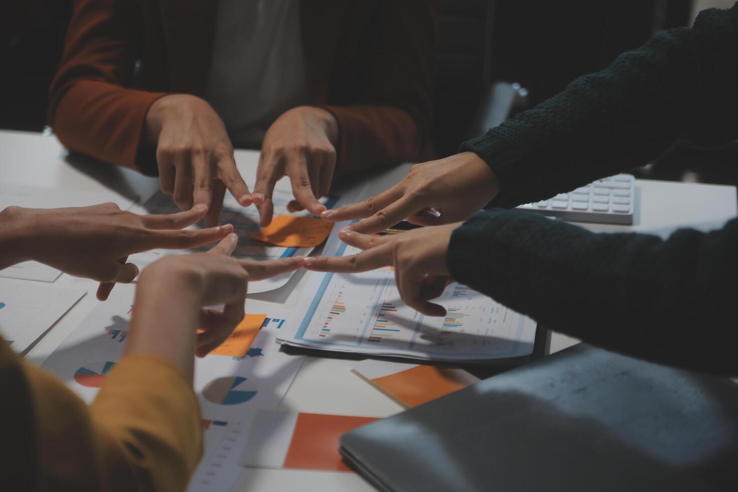 Hand join together for work togetherness, Hand stack for business and service, Team volunteering or teamwork. Concept connection of community and charity. Group of business workforce participation. photo
