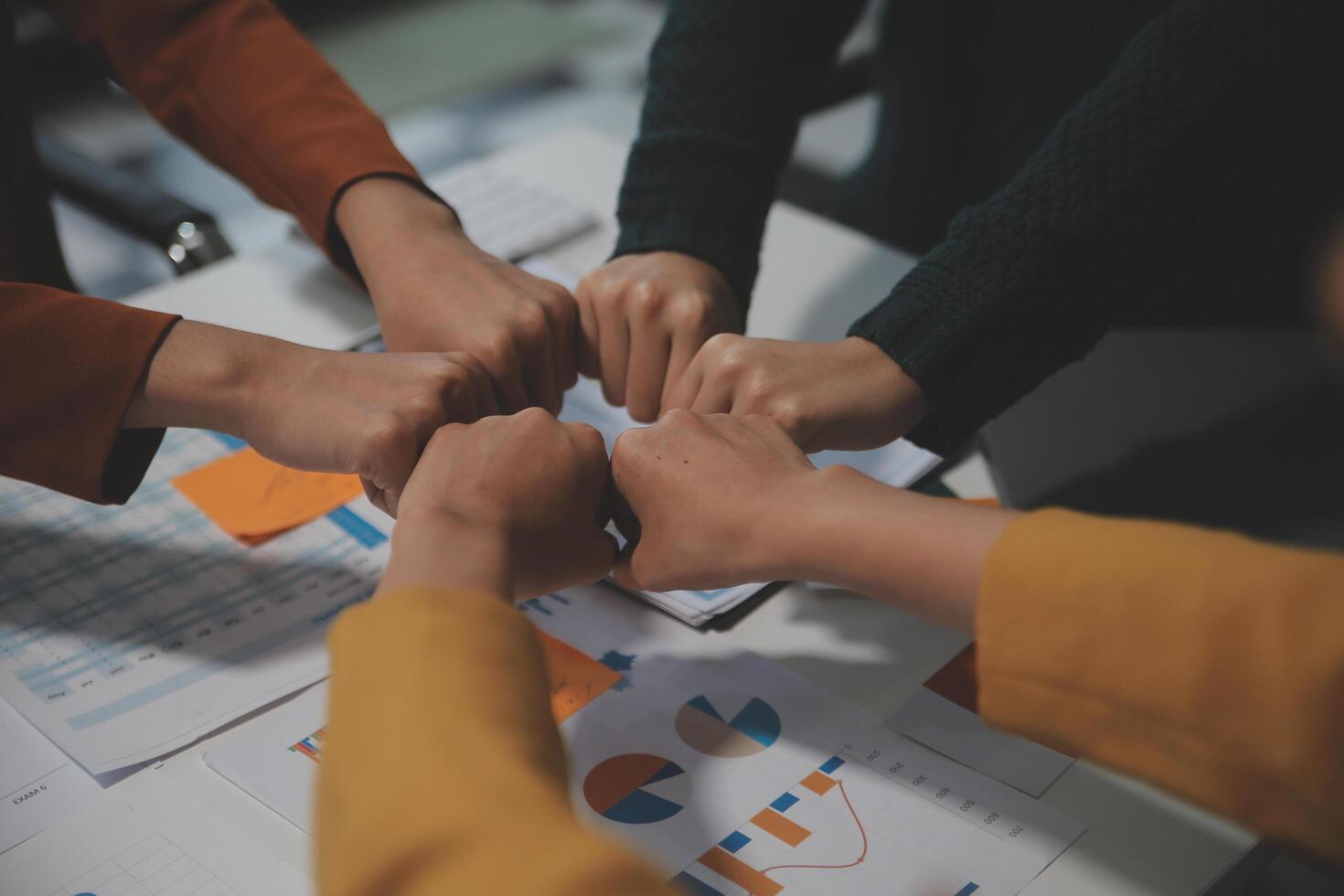 Hand join together for work togetherness, Hand stack for business and service, Team volunteering or teamwork. Concept connection of community and charity. Group of business workforce participation. photo