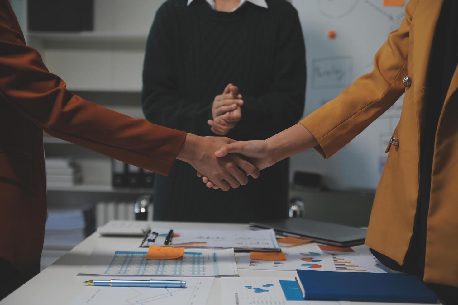Hand join together for work togetherness, Hand stack for business and service, Team volunteering or teamwork. Concept connection of community and charity. Group of business workforce participation. photo