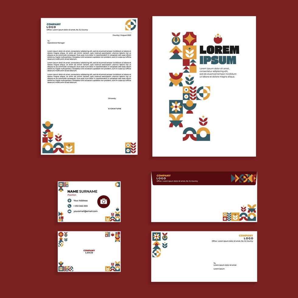 Abstract Geometric Office Stationery Equipment Set Design with Mosaic Frame Ornament vector