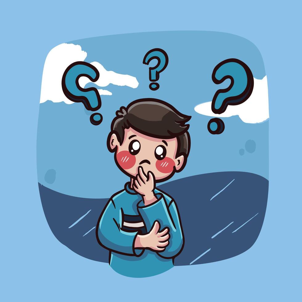 Cute boy thinking face cartoon illustration vector