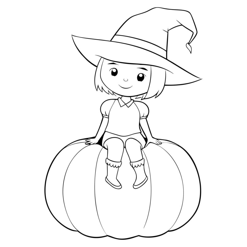Cheerful witch sitting on a large pumpkin, coloring page, Halloween cards, web icons, textile patterns. The monochrome palette adds to the versatility of this illustration vector