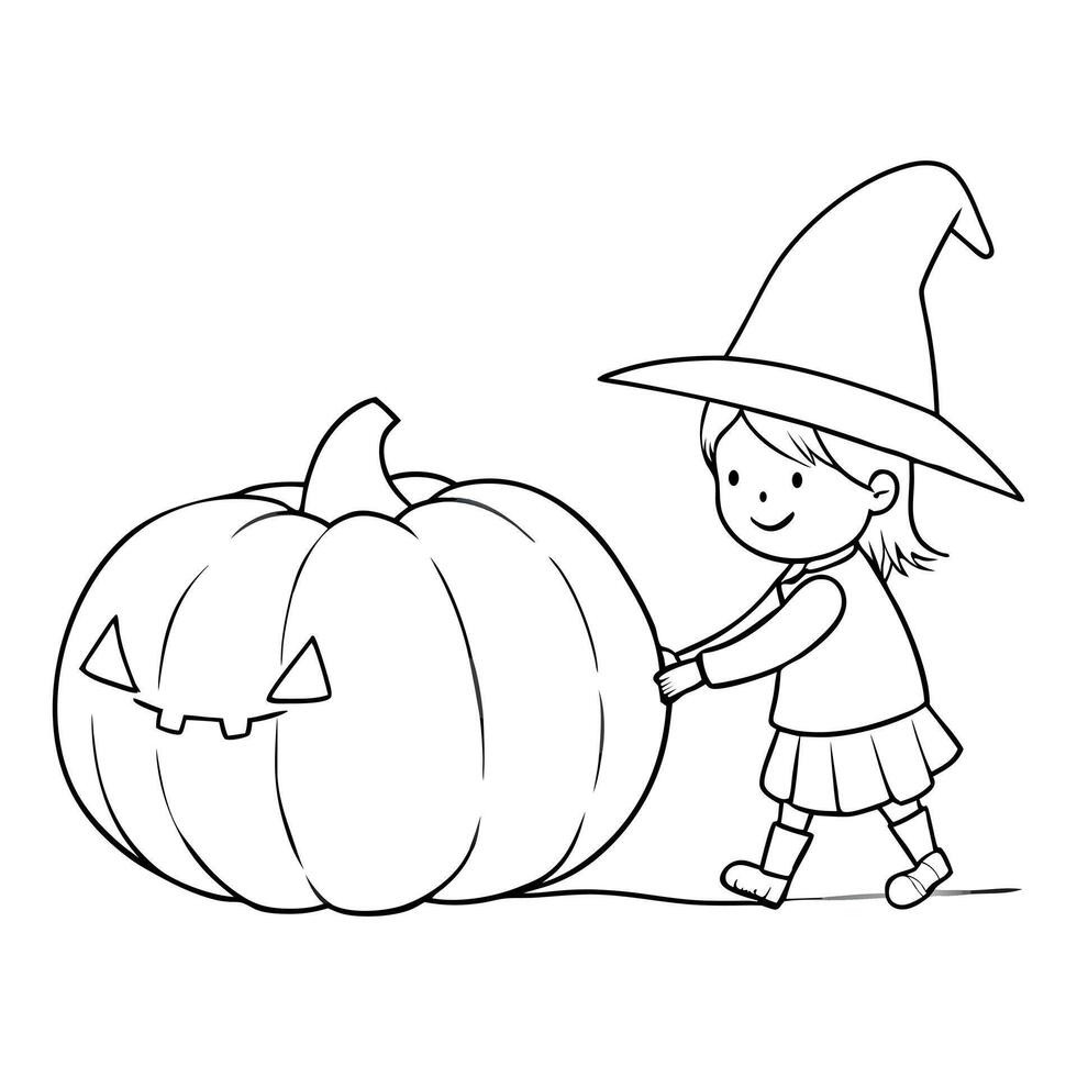 Storybook illustrations small witch pushing a large Jack-o'-lantern, Halloween patterns, web design, children's books. Whimsical and child-friendly design vector