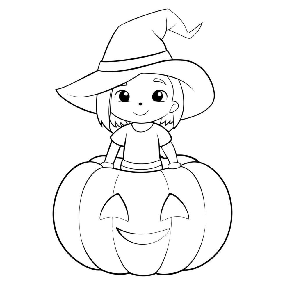 Black and white happy witch inside a pumpkin, Halloween-themed designs, decorations, educational materials, web graphics. Simple and clean lines make it adaptable for various applications. vector