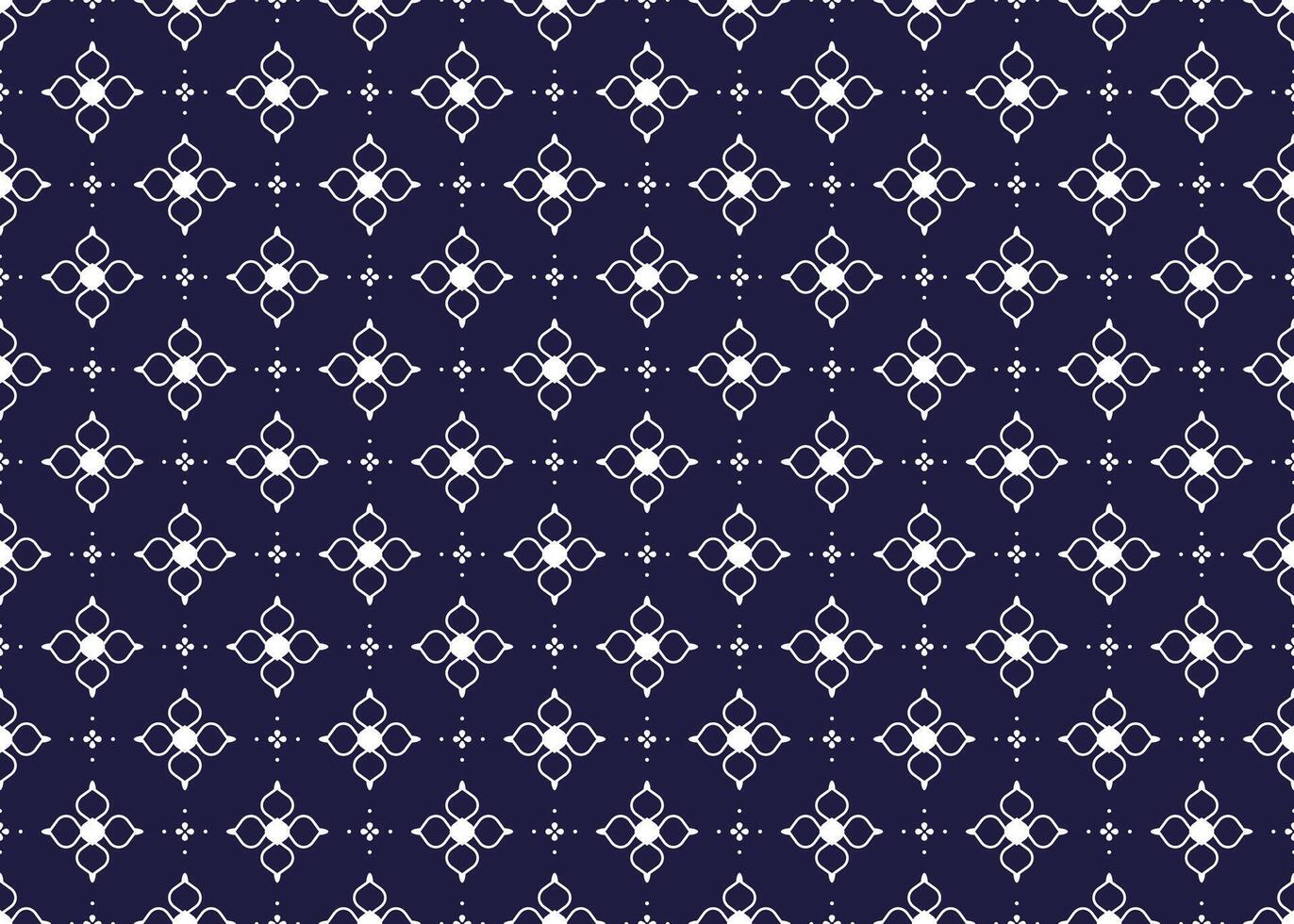 White symbol floral on dark blue background, ethnic fabric seamless pattern, design for cloth, carpet, batik, wallpaper, wrapping etc. vector