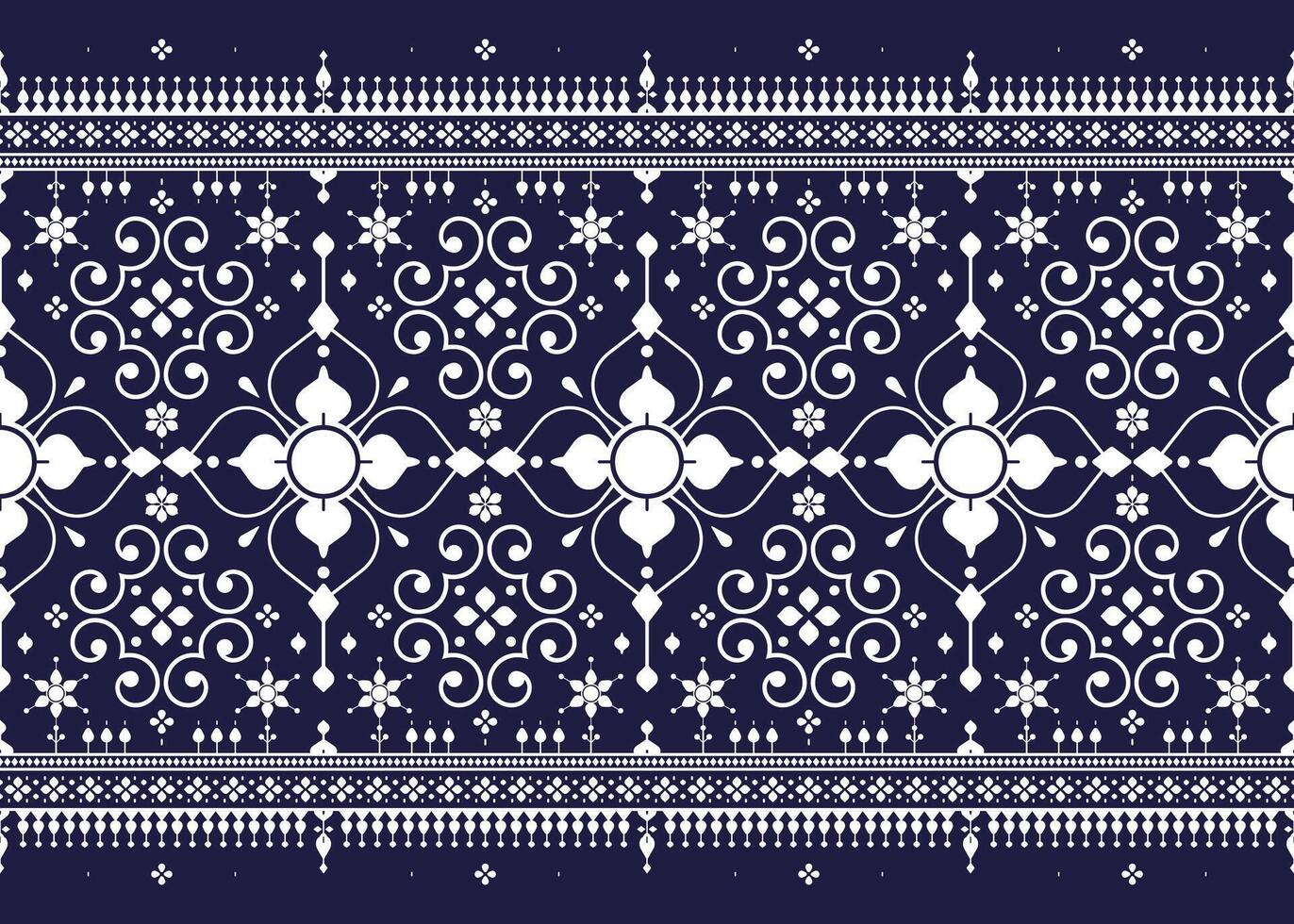 White symbol floral on dark blue background, ethnic fabric seamless pattern, design for cloth, carpet, batik, wallpaper, wrapping etc. vector