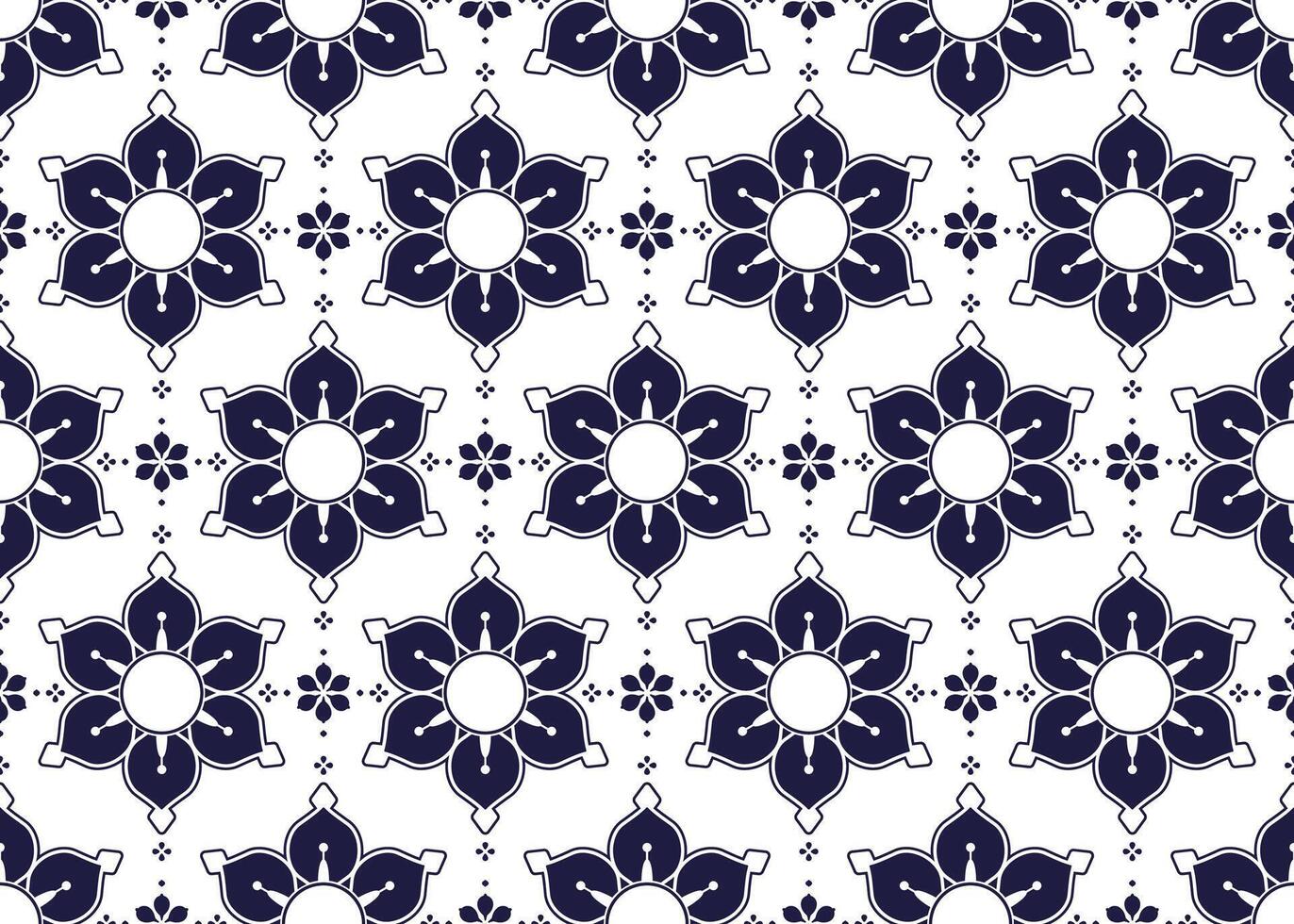 dark blue symbol floral on White background, ethnic fabric seamless pattern, design for cloth, carpet, batik, wallpaper, wrapping etc. vector