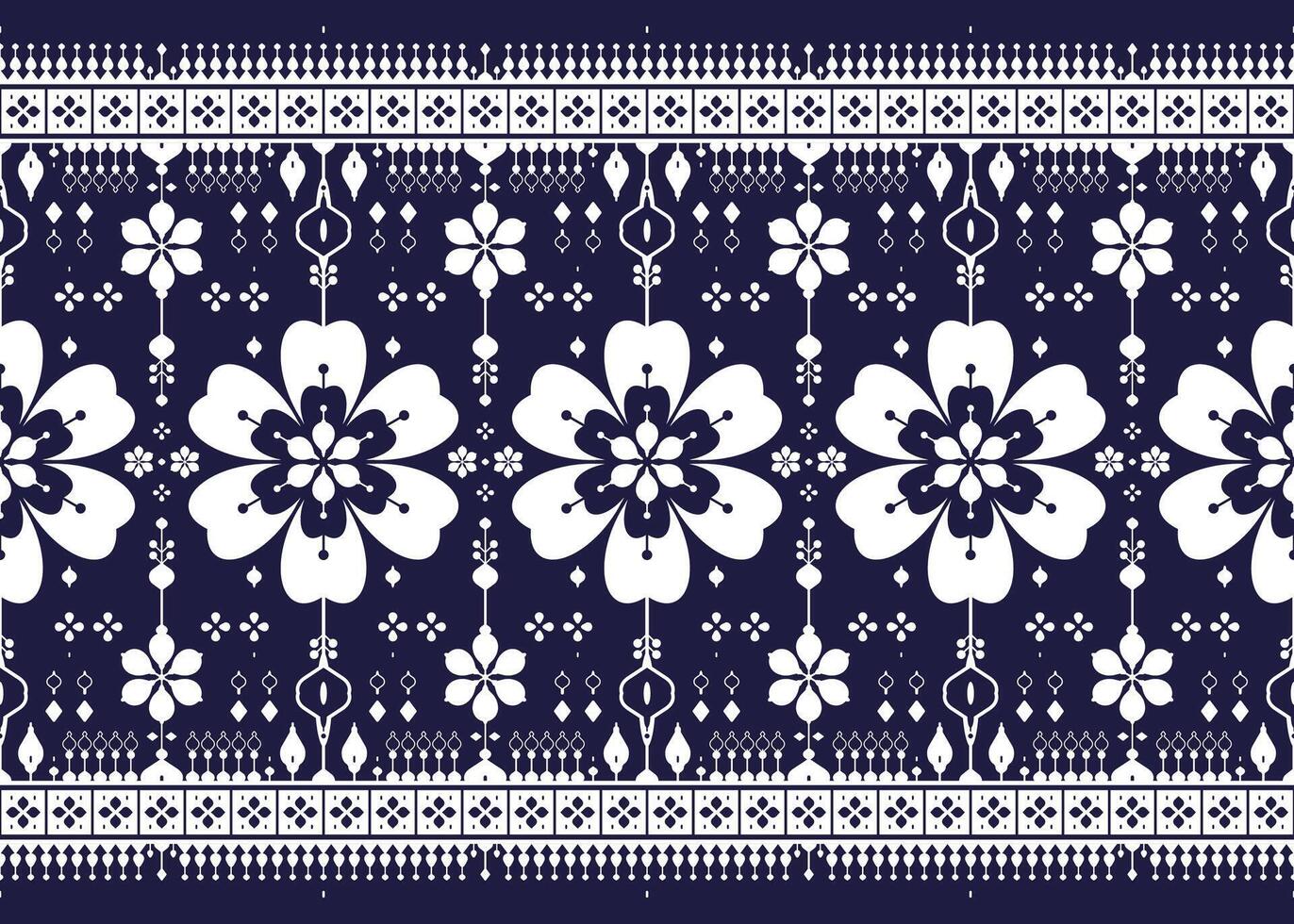 White symbol floral on dark blue background, ethnic fabric seamless pattern, design for cloth, carpet, batik, wallpaper, wrapping etc. vector