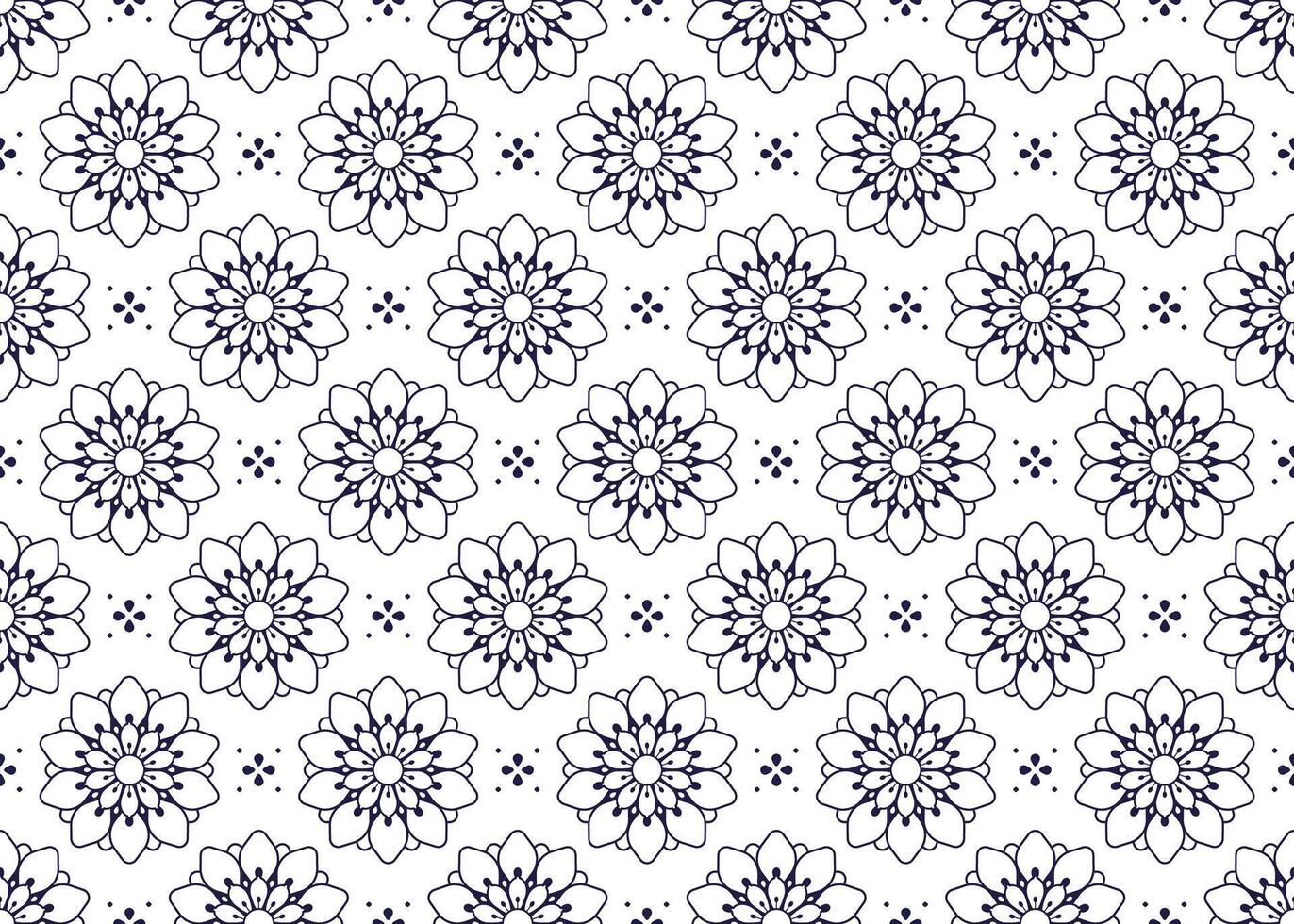 dark blue outline symbol floral on White background, ethnic fabric seamless pattern, design for cloth, carpet, batik, wallpaper, wrapping etc. vector