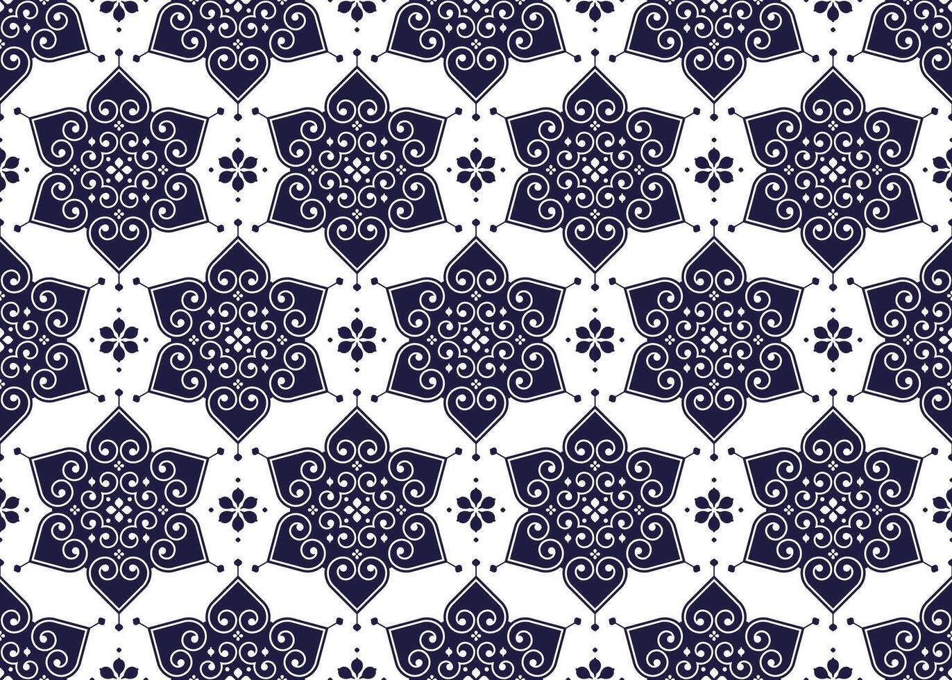 dark blue symbol floral on White background, ethnic fabric seamless pattern, design for cloth, carpet, batik, wallpaper, wrapping etc. vector