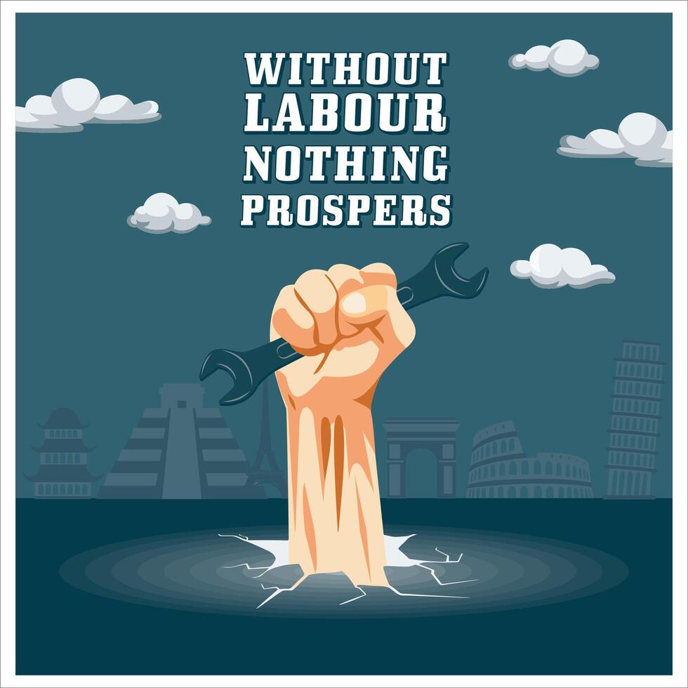 Happy Labour Day concept. A hand holding a wrench. 1st may workers day poster and social media post. flat modern illustration vector