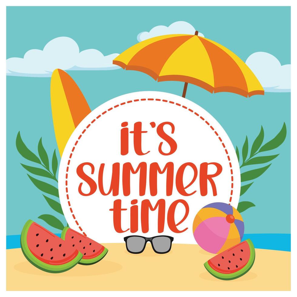 Summer with white circles for text and colorful beach elements. Flat modern illustration vector