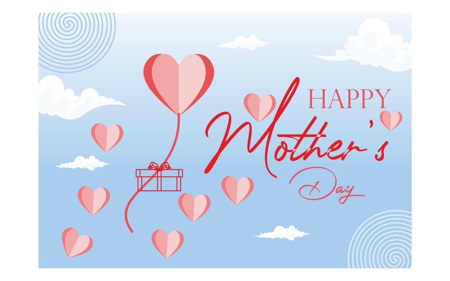 Mother's day card with flying paper elements and gift box on blue sky background. Love symbol in heart shape for greeting card design. flat modern illustration vector