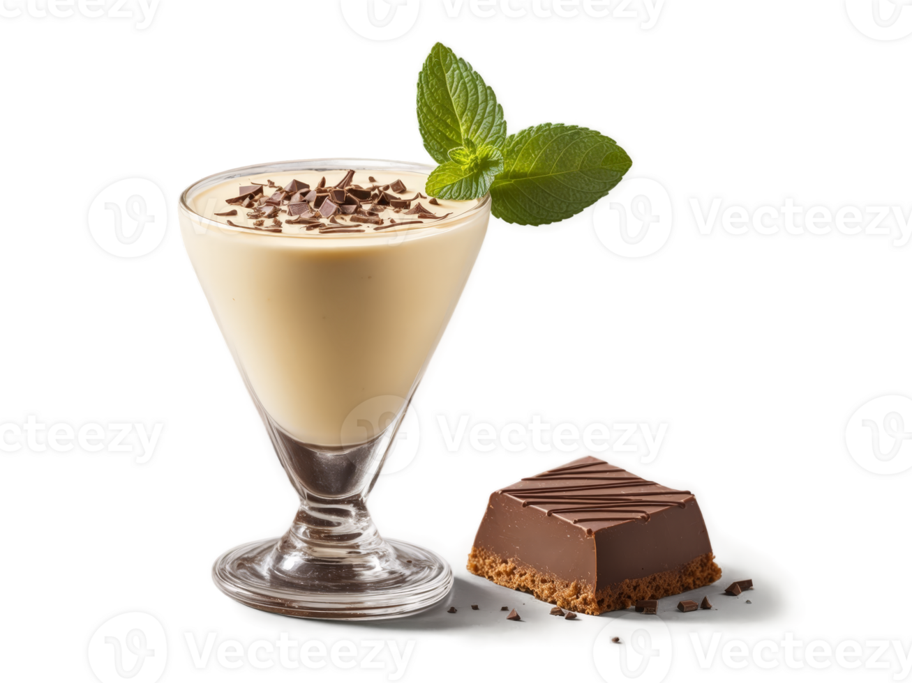 South African Amarula Cream Liqueur in shot glass garnished with slice of chocolate and sprig png