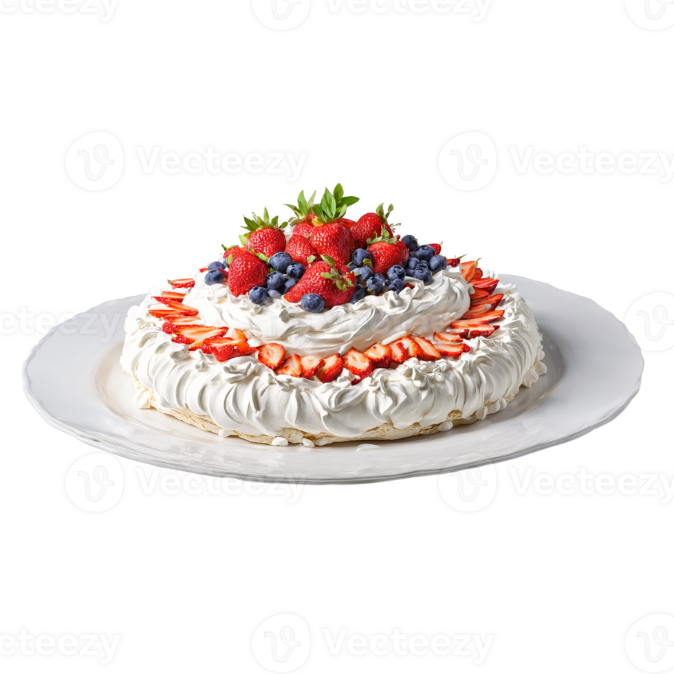 Pavlova with whipped cream and fresh fruit tumbling down the sides Food and culinary concept png