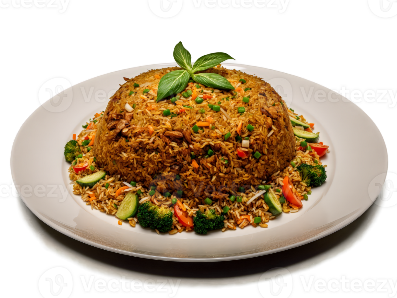 Nasi goreng with stir fried rice vegetables and protein on clean white plate png