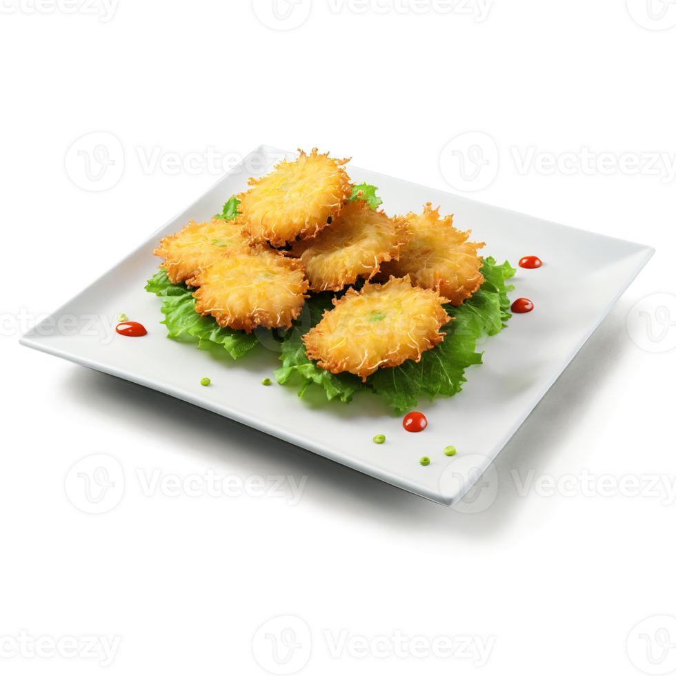 Beef carpaccio tempura tissue thin raw beef slice draping fried vegetable fritter in glass isolated png