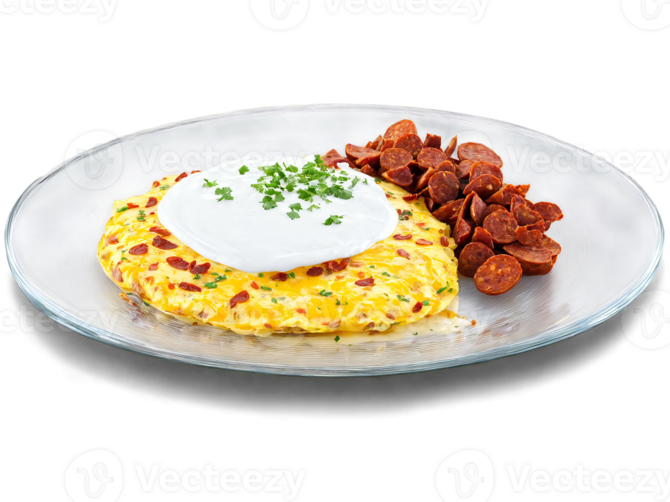 Omelette chorizo and potato with a dollop of sour cream on a transparent glass plate png