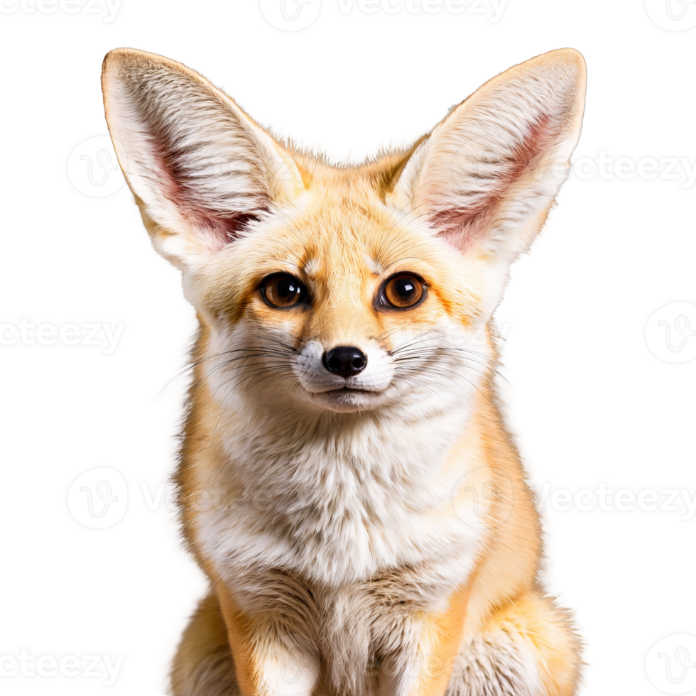 Adorable fennec fox Vulpes zerda kit oversized ears soft sand colored fur playful pose Animal png