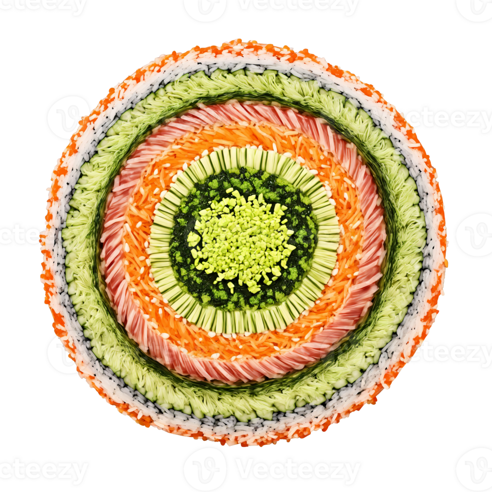 Vegetable sushi roll mandala a colorful circular design of vegetable sushi rolls with soy sauce png