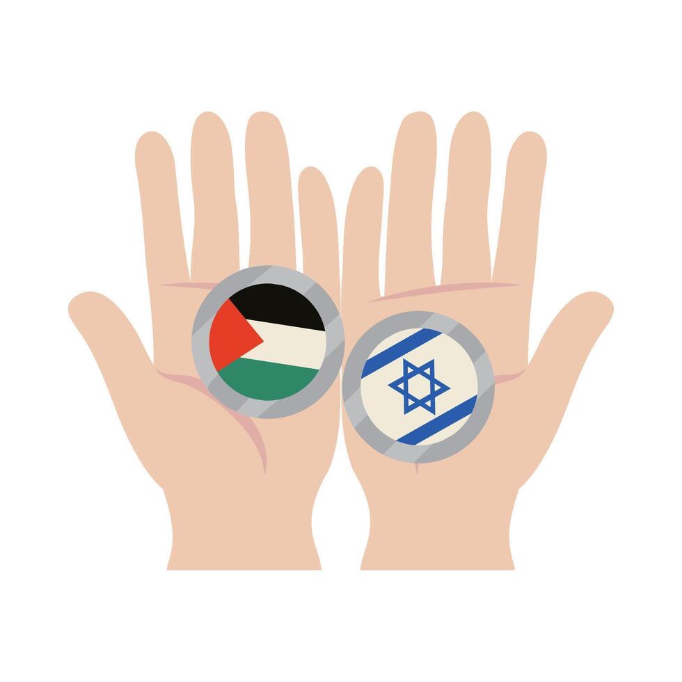 Two hands with the flag of israel and palestine vector