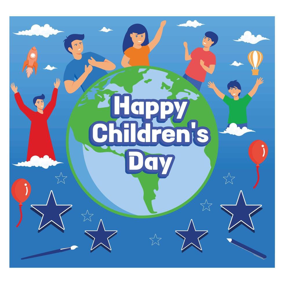 Happy Children's day poster with happy kids around the world. flat modern illustration vector