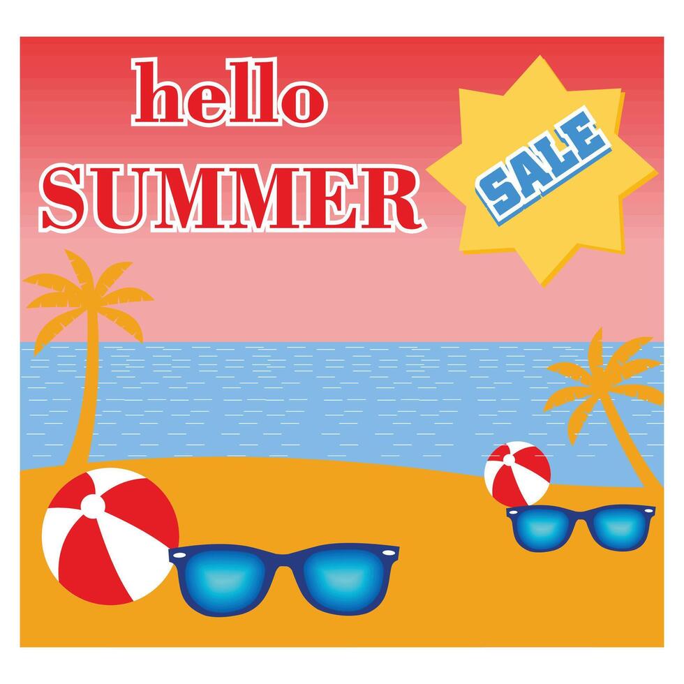 Summer travel poster banner display podium with sand and summer beach scene design background. flat modern illustration vector