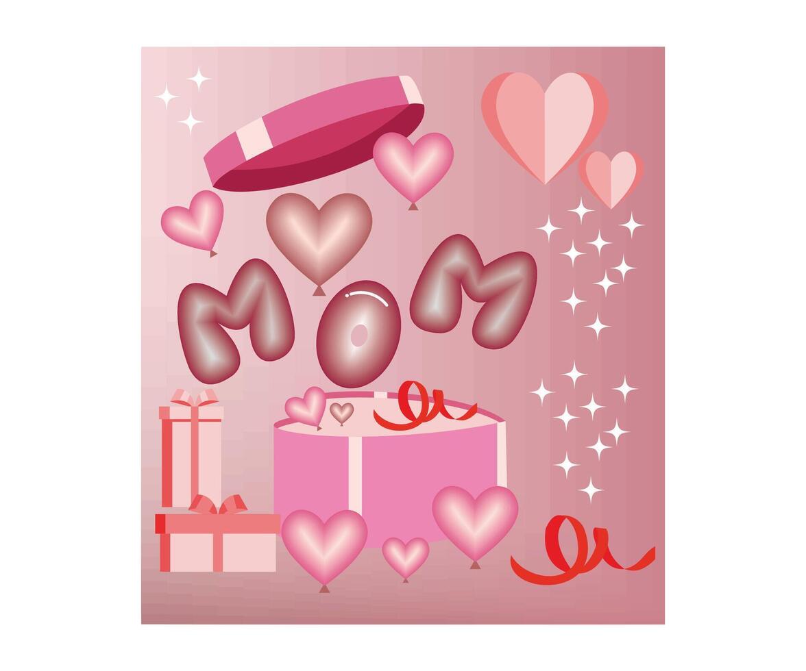 Happy mothers day decoration background with gift box, balloons, mom text, copy space text. flat modern illustration vector