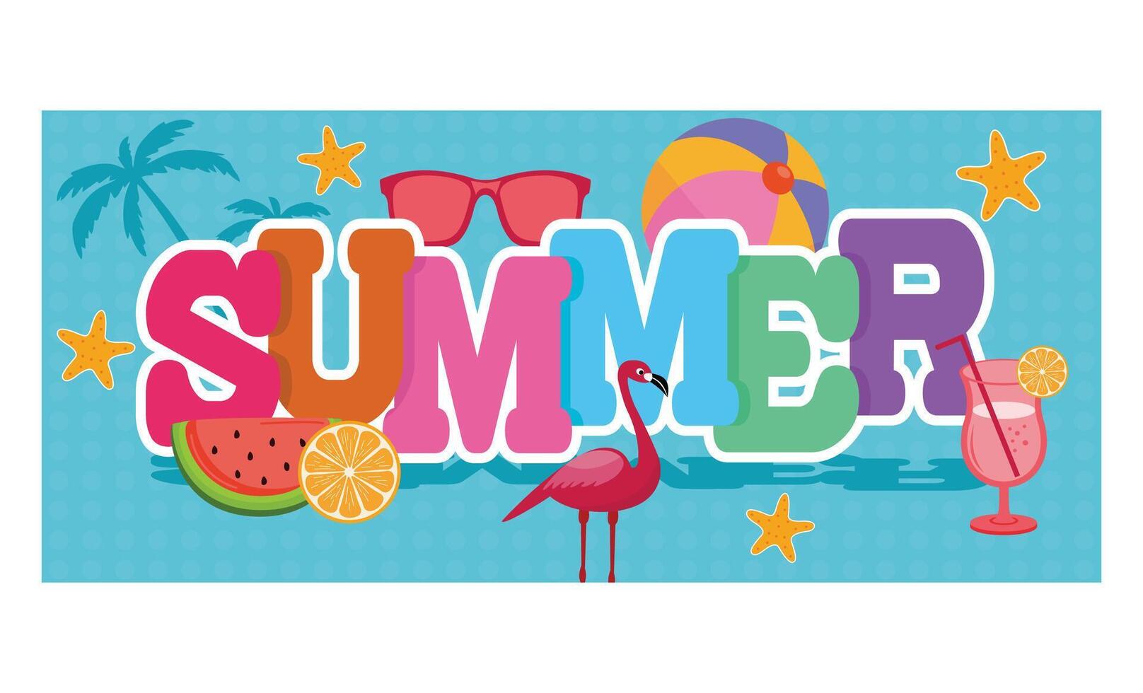Summer text design with colorful title and tropical beach elements. Flat modern illustration vector