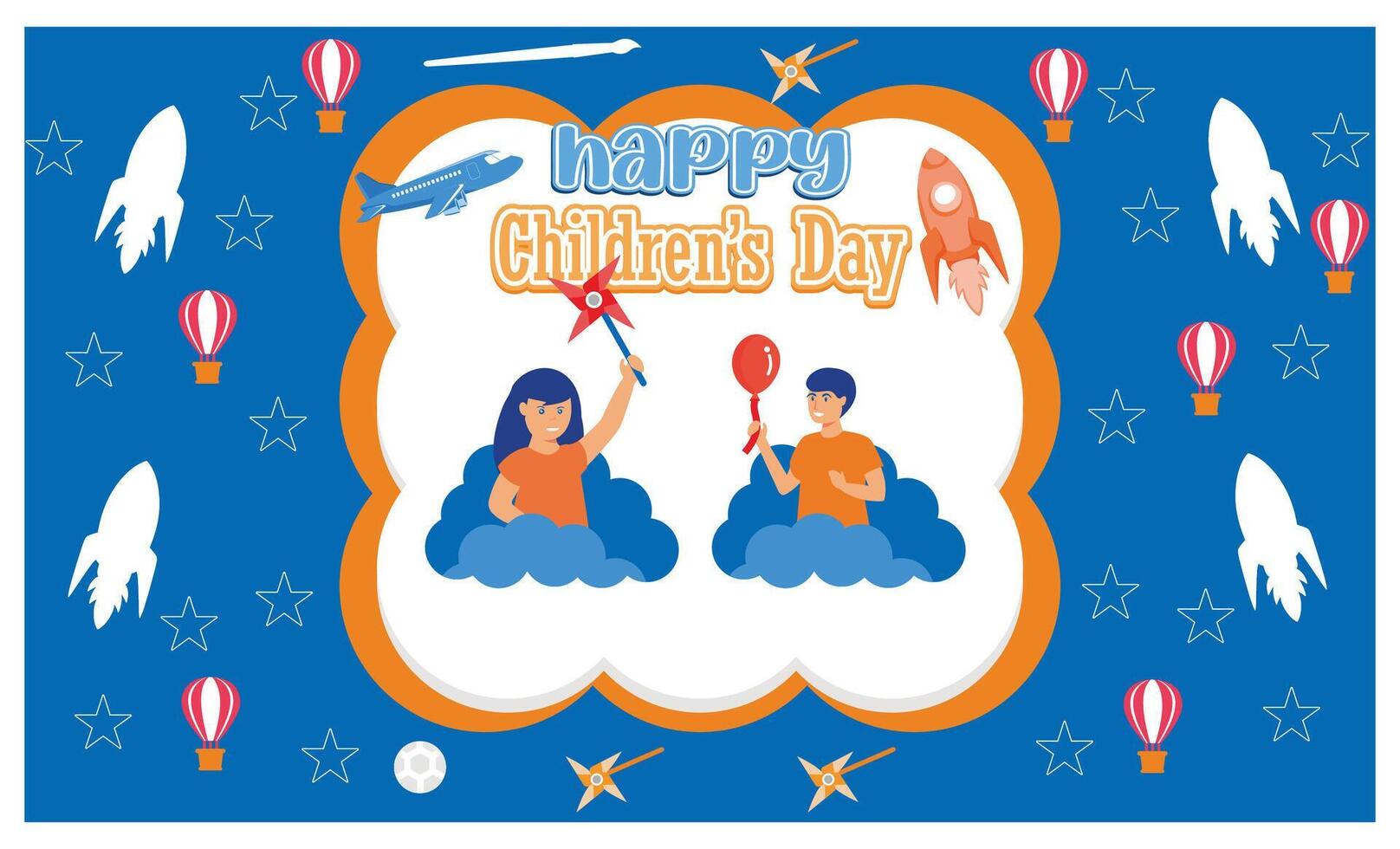 Happy Children's Day with boy and girl playing with toys on background. flat modern illustration vector