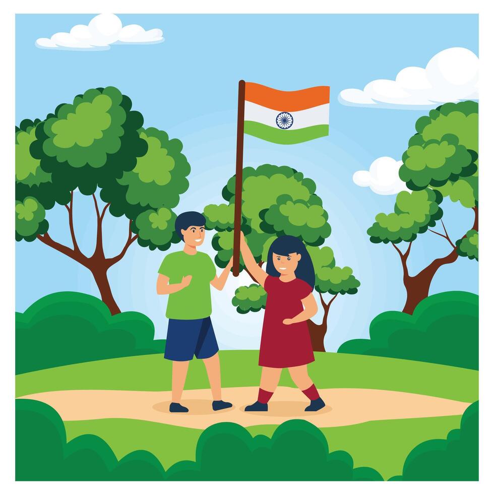 Indian students or children holding flags with greenery background, celebrating Independence day. flat modern illustration vector