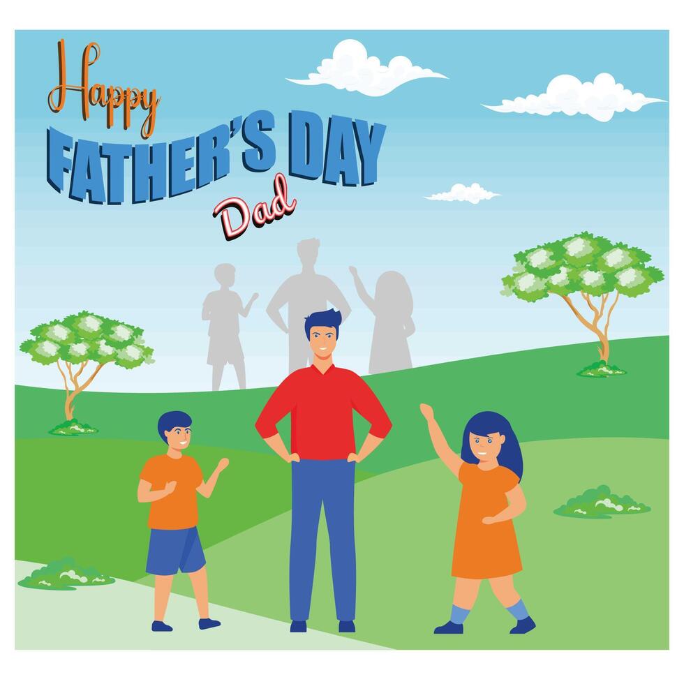 Happy Father's Day superhero dad and kids. flat modern illustration vector